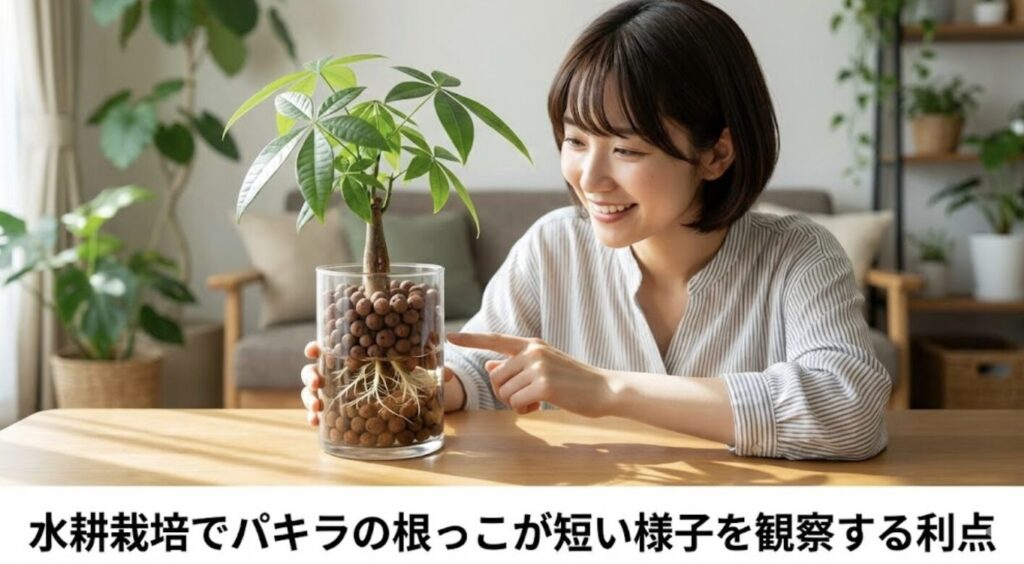 水耕栽培でパキラの根っこが短い様子を観察する利点
