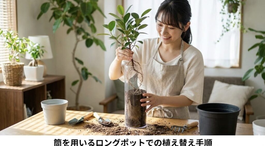 筒を用いるロングポットでの植え替え手順