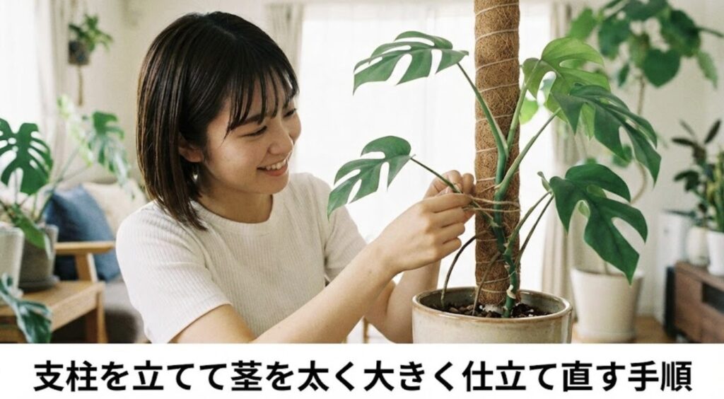 支柱を立てて茎を太く大きく仕立て直す手順