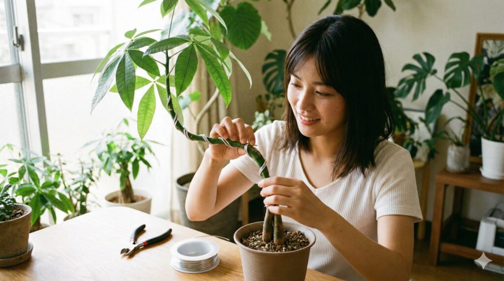 ワイヤーを使ったパキラの曲げ方