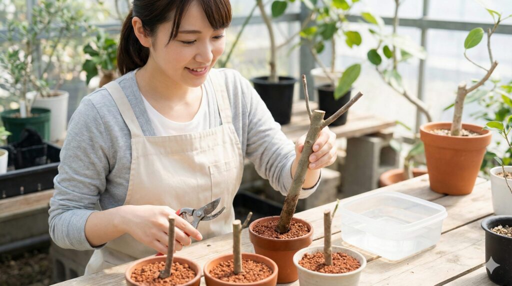 切った太い枝を挿し木で再生する