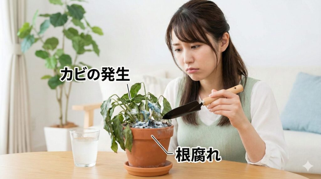 土にカビが発生し根腐れを起こす