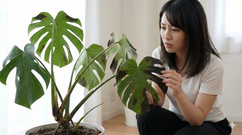 根腐れが進行すると葉に黒いシミが現れる