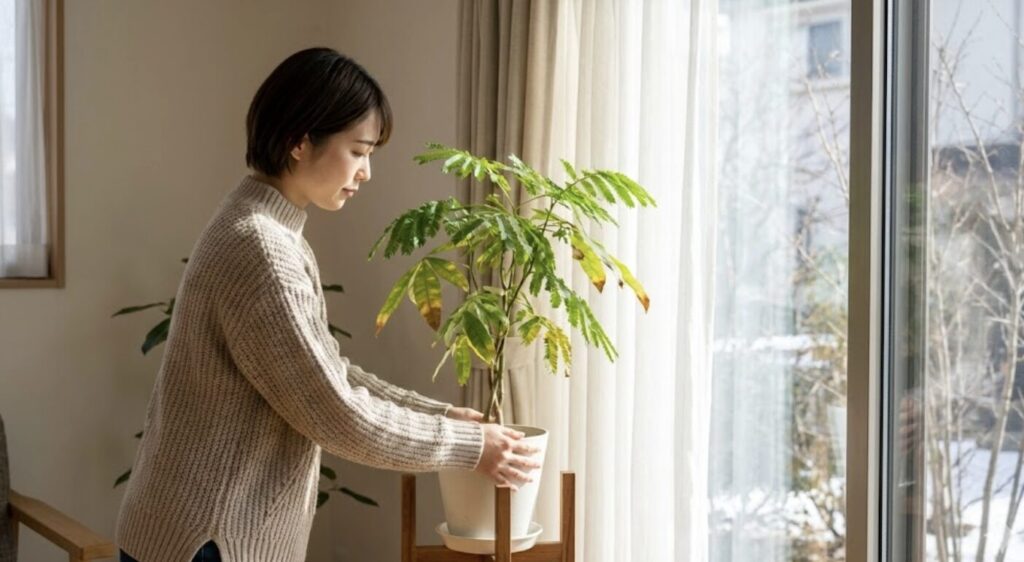 直射日光による葉焼けや冬の寒さで落葉するのを防ぐ