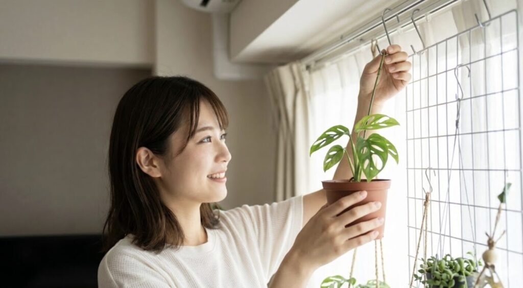上記の記事のを理解し、以下の全ての条件に従って「ダイソーや100均グッズで手軽にハンギングを楽しむ」の画像を生成してください。 ●人物画像は日本人で綺麗な顔立ちの整った20代前半おしゃれ美女にすること。 ●植物はできる限り本物の形状（幹・葉っぱ・花）にすること。 ●アスペクト比は「16:9」にすること。必ずアスペクト比「16:9」を守ってください。 ●実写にすること。イラストでの作成はNG。 ●企業公式のロゴは絶対に使用しないこと。 ●テキストは入れない。 この記事の植物は室内で育てる小型～中型の観葉植物です。