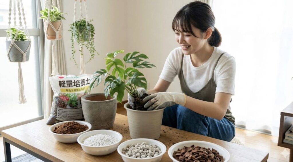 軽量な用土への植え替えで吊り下げ時の落下を防ぐ