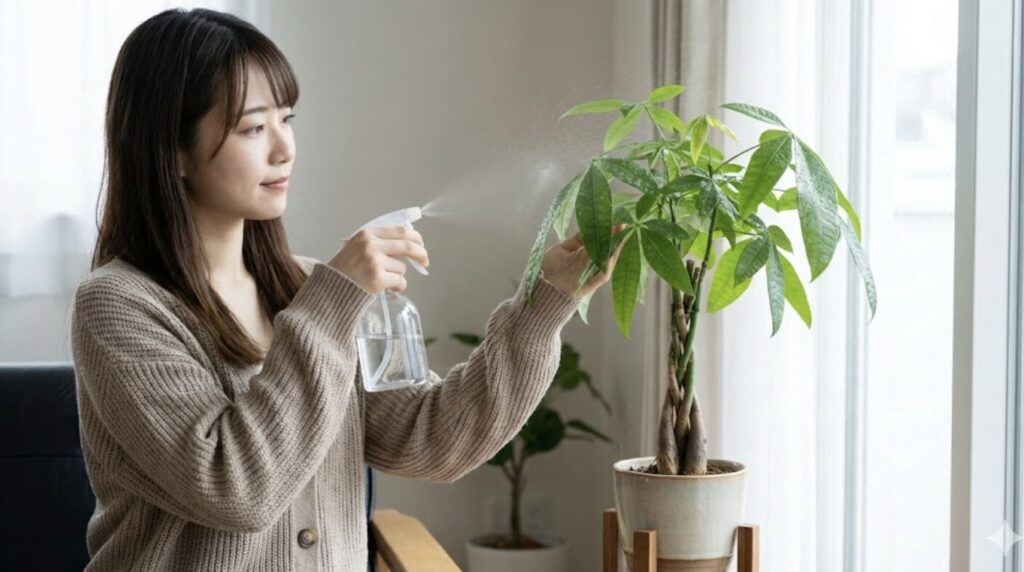 毎日の葉水でハダニを防ぎパキラの病気を予防する