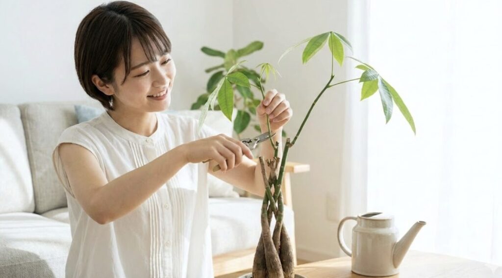 徒長を防ぎ幹を太くするパキラの剪定と水やり